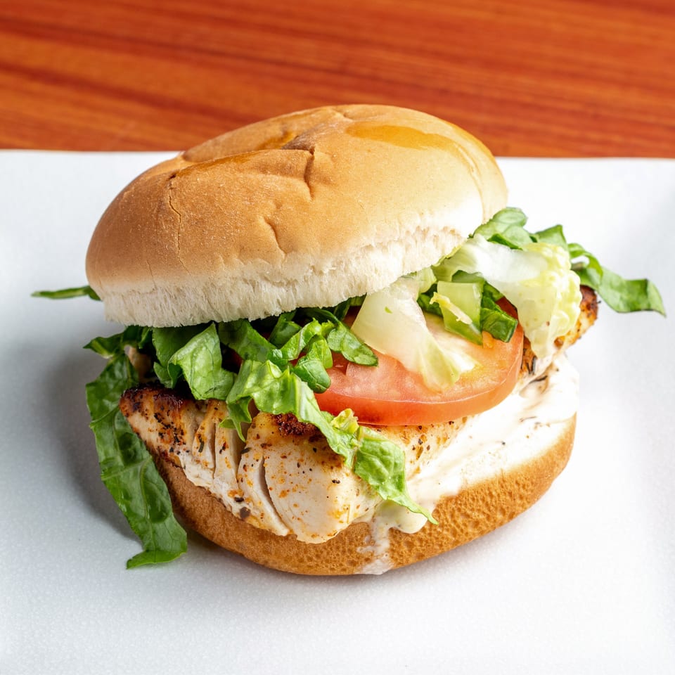 Morehead Burger Company's grilled chicken sandwich with lettuce, tomato, and sauce on a bun.